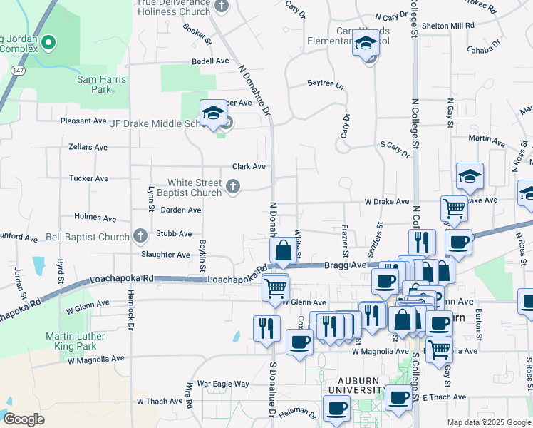 map of restaurants, bars, coffee shops, grocery stores, and more near 415 North Donahue Drive in Auburn