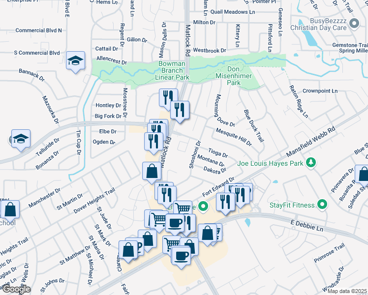 map of restaurants, bars, coffee shops, grocery stores, and more near 8131 Matlock Road in Arlington
