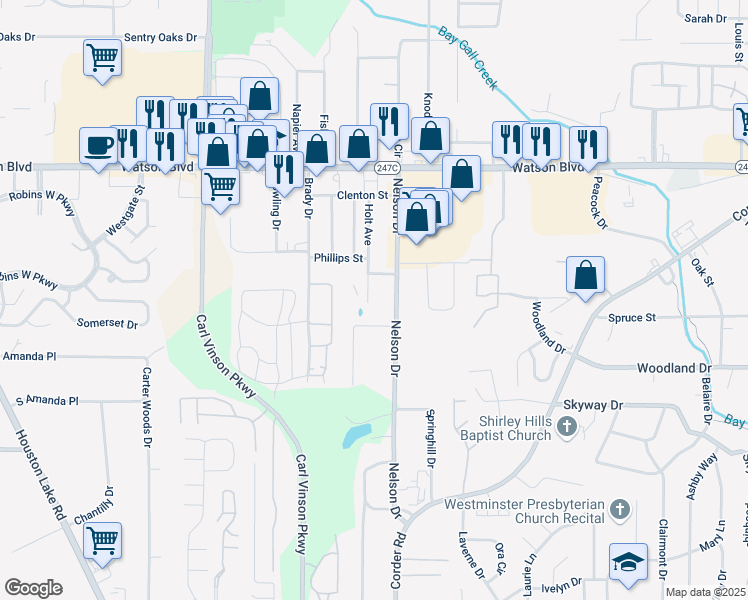map of restaurants, bars, coffee shops, grocery stores, and more near 205 Holt Avenue in Warner Robins