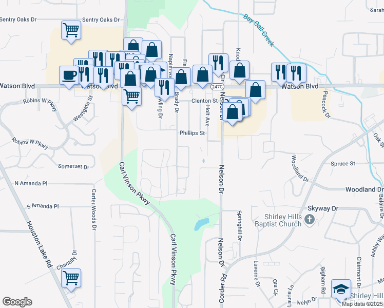 map of restaurants, bars, coffee shops, grocery stores, and more near 213 Woodland Trail in Warner Robins