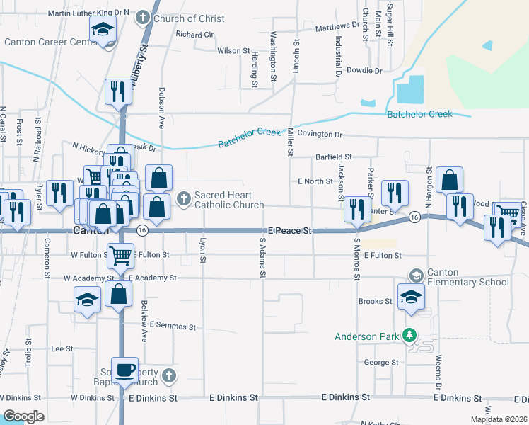map of restaurants, bars, coffee shops, grocery stores, and more near 421 East Peace Street in Canton