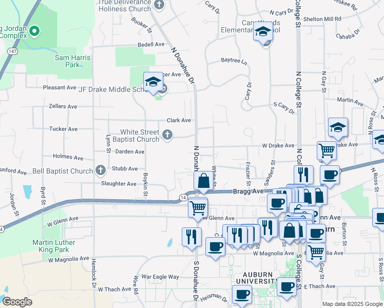 map of restaurants, bars, coffee shops, grocery stores, and more near 415 North Donahue Drive in Auburn