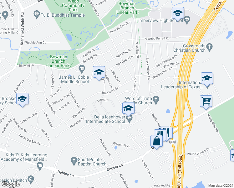 map of restaurants, bars, coffee shops, grocery stores, and more near 1301 Webb Ferrell Road South in Arlington