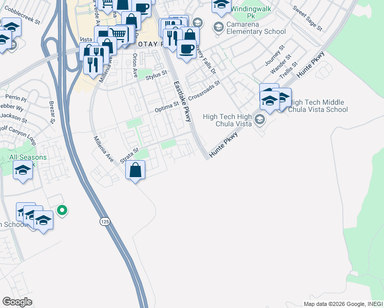 map of restaurants, bars, coffee shops, grocery stores, and more near 2344 Element Way in Chula Vista