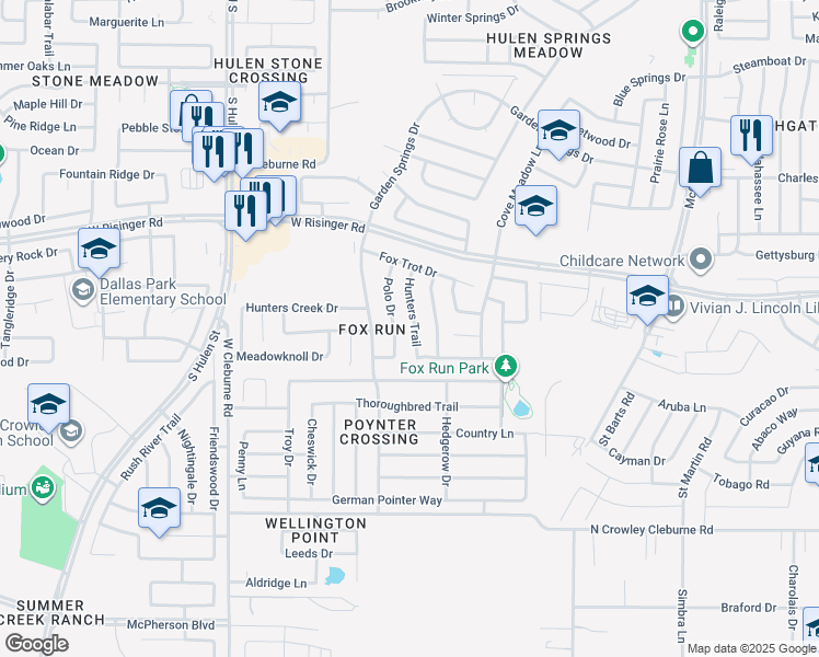 map of restaurants, bars, coffee shops, grocery stores, and more near 8756 Hunters Trail in Fort Worth
