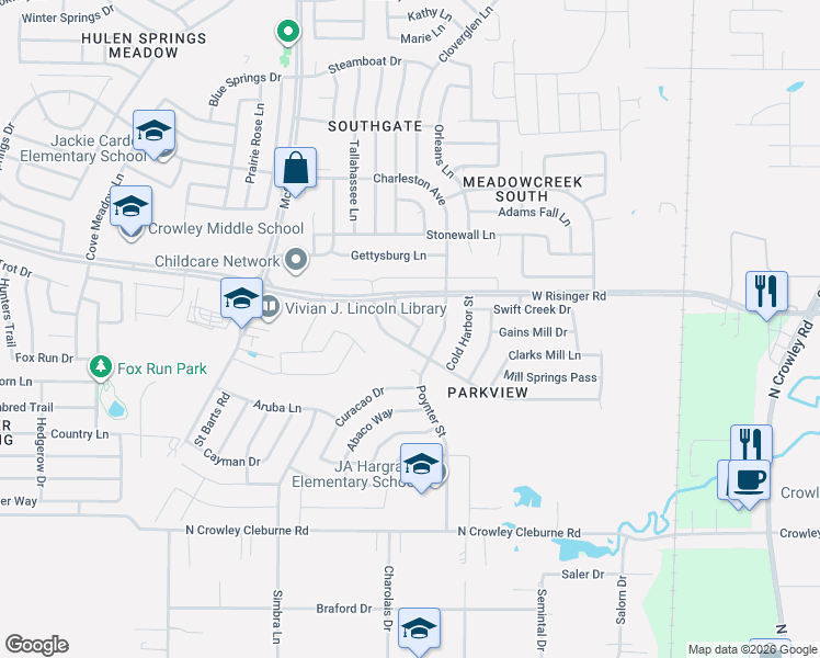 map of restaurants, bars, coffee shops, grocery stores, and more near 8837 Irish Bend Drive in Fort Worth