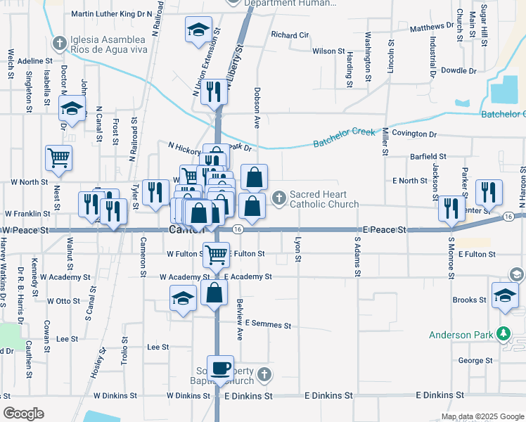 map of restaurants, bars, coffee shops, grocery stores, and more near 208 East Center Street in Canton