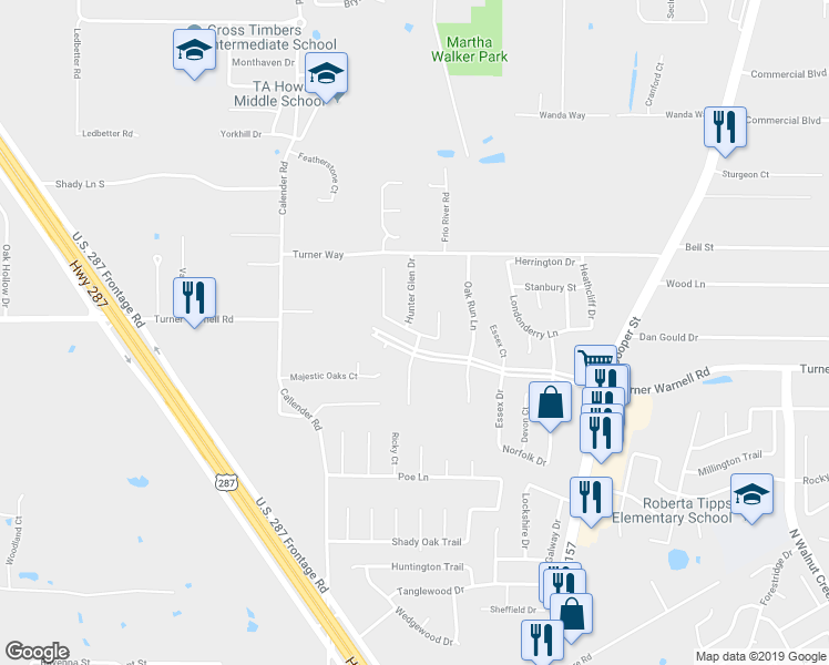 map of restaurants, bars, coffee shops, grocery stores, and more near 502 Hunter Bend Drive in Mansfield