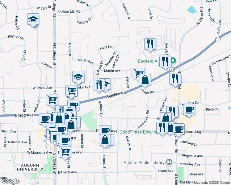 map of restaurants, bars, coffee shops, grocery stores, and more near 460 Opelika Road in Auburn