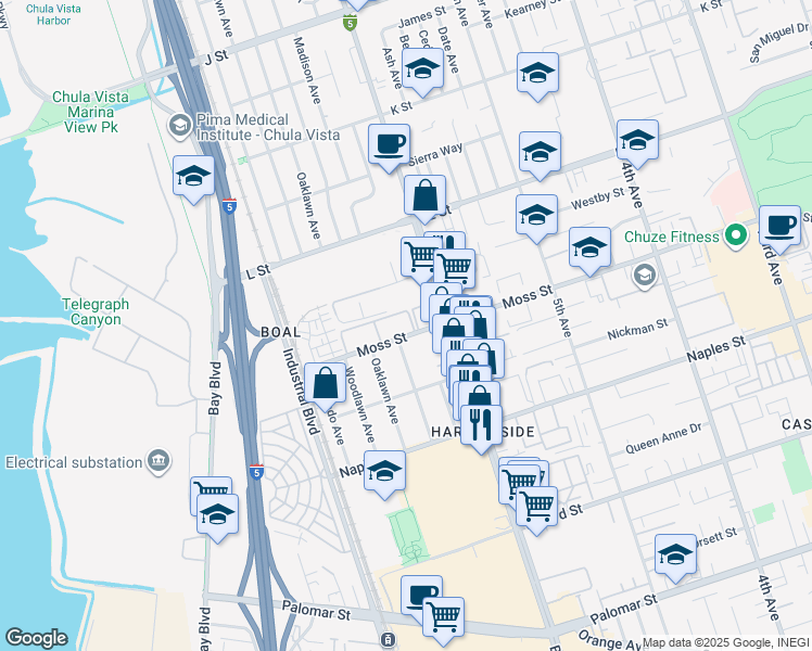 map of restaurants, bars, coffee shops, grocery stores, and more near 644 Moss Street in Chula Vista