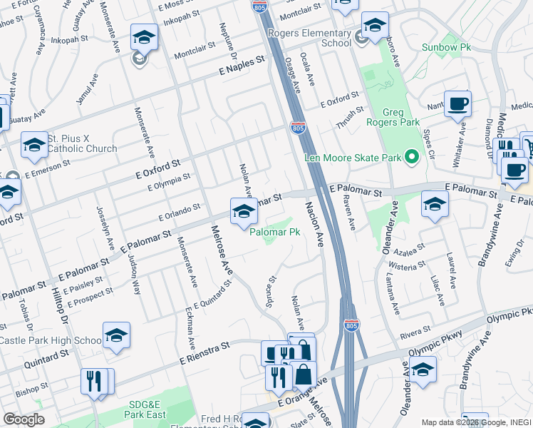 map of restaurants, bars, coffee shops, grocery stores, and more near 1324 Park Drive in Chula Vista