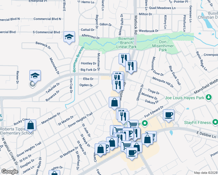 map of restaurants, bars, coffee shops, grocery stores, and more near 8130 Matlock Road in Arlington