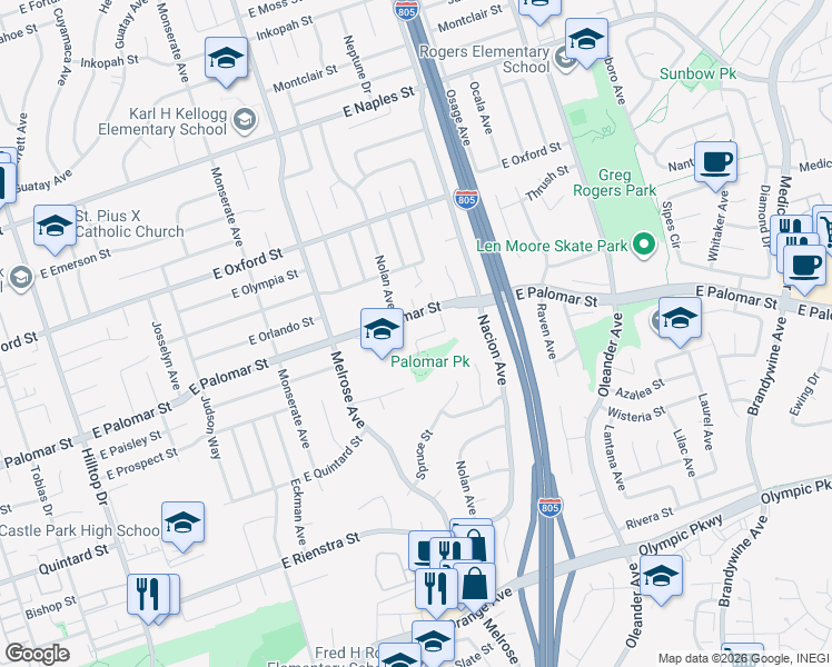 map of restaurants, bars, coffee shops, grocery stores, and more near 1324 Park Drive in Chula Vista