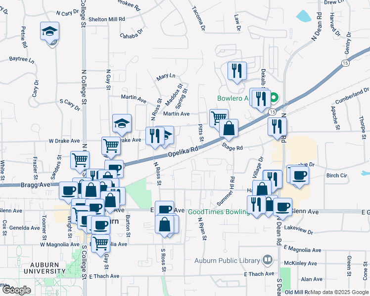 map of restaurants, bars, coffee shops, grocery stores, and more near 460 Opelika Road in Auburn
