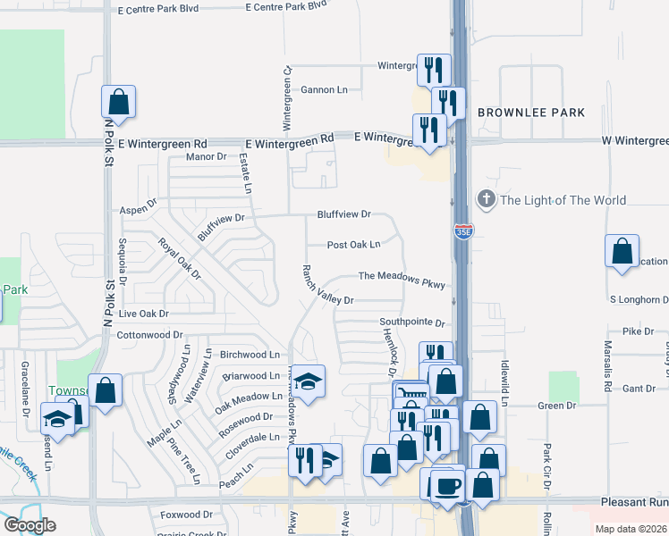 map of restaurants, bars, coffee shops, grocery stores, and more near 1118 The Meadows Parkway in DeSoto
