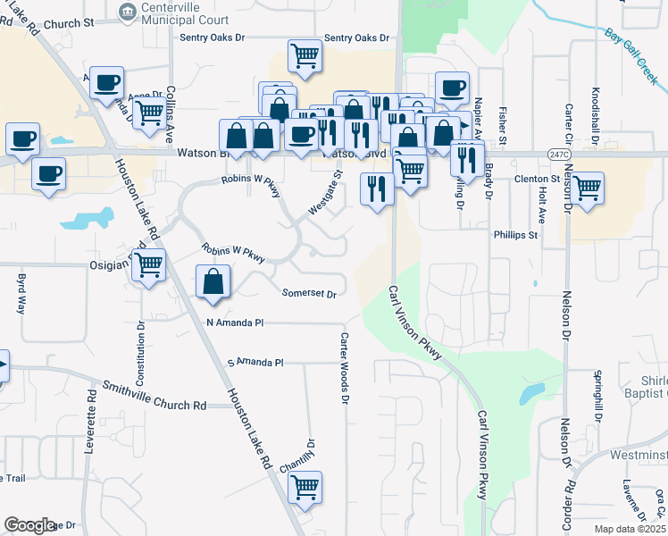 map of restaurants, bars, coffee shops, grocery stores, and more near 290 Somerset Drive in Warner Robins