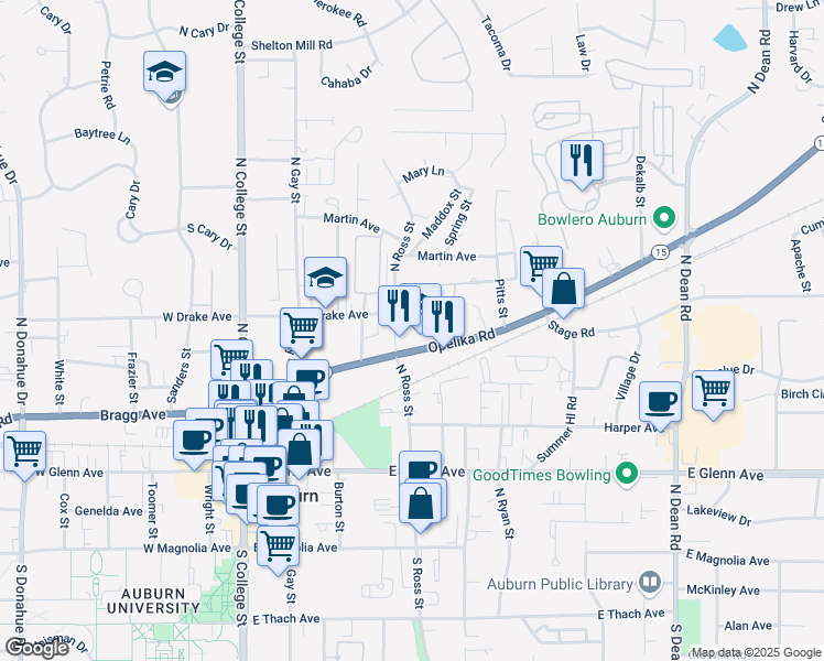 map of restaurants, bars, coffee shops, grocery stores, and more near 407 Opelika Road in Auburn