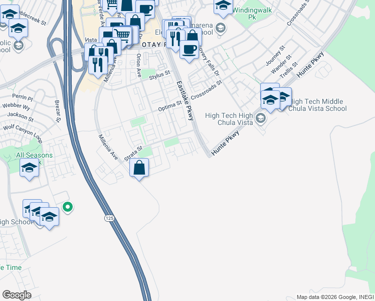 map of restaurants, bars, coffee shops, grocery stores, and more near 2275 Element Way in Chula Vista