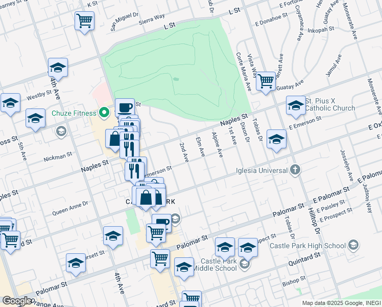 map of restaurants, bars, coffee shops, grocery stores, and more near 1154 2nd Avenue in Chula Vista