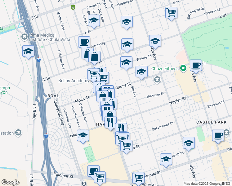 map of restaurants, bars, coffee shops, grocery stores, and more near 1025 Broadway in Chula Vista