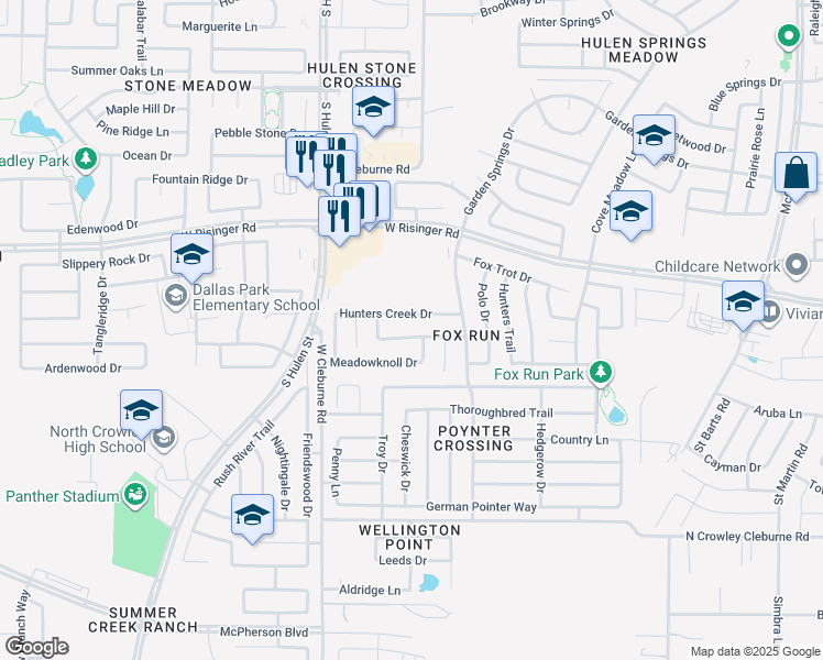 map of restaurants, bars, coffee shops, grocery stores, and more near 4209 Meadowknoll Drive in Fort Worth