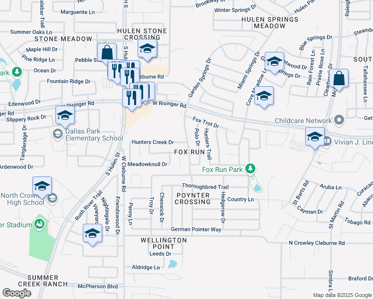 map of restaurants, bars, coffee shops, grocery stores, and more near 4050 Gray Fox Drive in Fort Worth