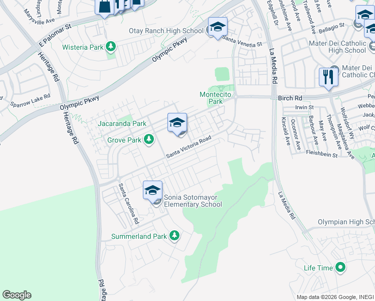 map of restaurants, bars, coffee shops, grocery stores, and more near 1390 Santa Victoria Road in Chula Vista