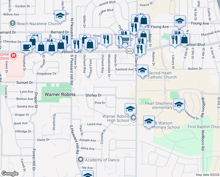 map of restaurants, bars, coffee shops, grocery stores, and more near 218 Peachtree Circle in Warner Robins