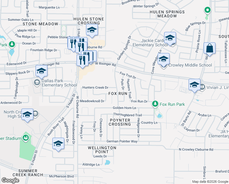 map of restaurants, bars, coffee shops, grocery stores, and more near 8780 Garden Springs Drive in Fort Worth