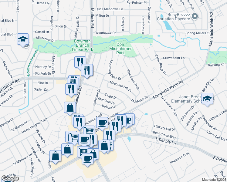 map of restaurants, bars, coffee shops, grocery stores, and more near 320 Tioga Drive in Arlington