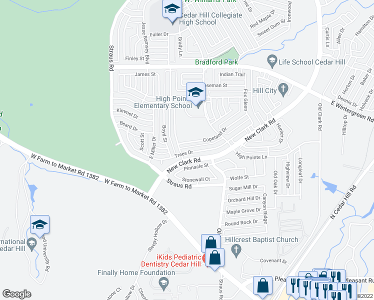 map of restaurants, bars, coffee shops, grocery stores, and more near 332 Trees Drive in Cedar Hill