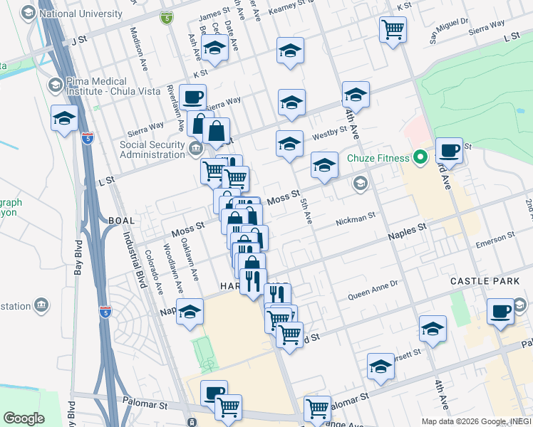 map of restaurants, bars, coffee shops, grocery stores, and more near 1025 Broadway in Chula Vista