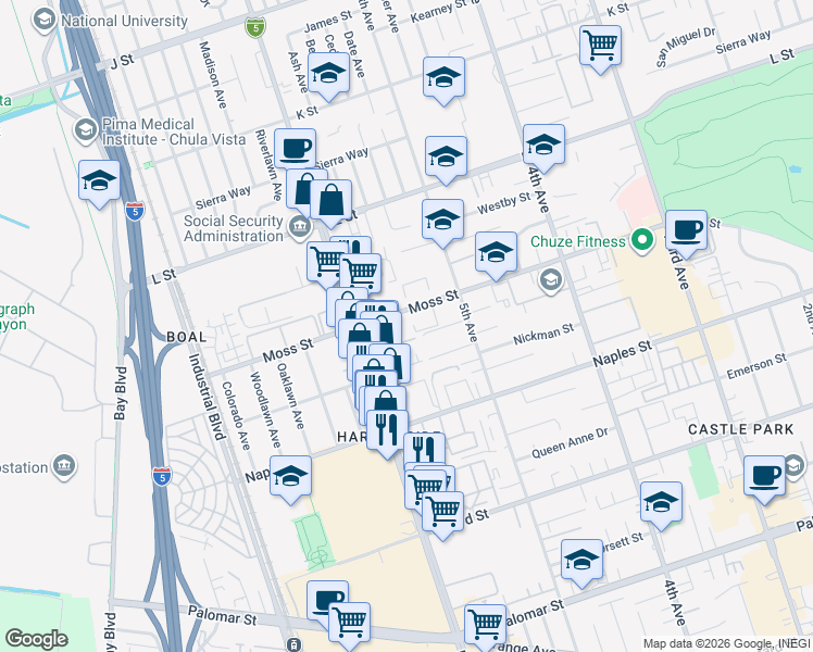map of restaurants, bars, coffee shops, grocery stores, and more near 1025 Broadway in Chula Vista