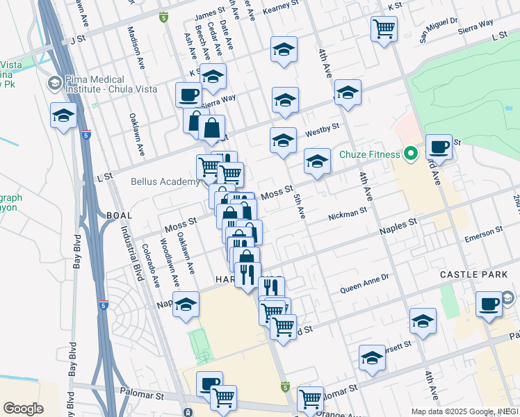 map of restaurants, bars, coffee shops, grocery stores, and more near 1025 Broadway in Chula Vista