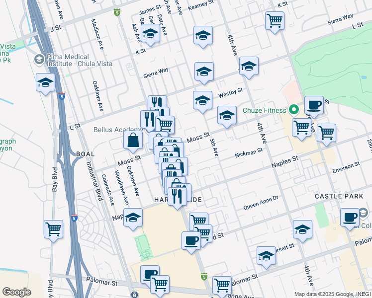 map of restaurants, bars, coffee shops, grocery stores, and more near in Chula Vista