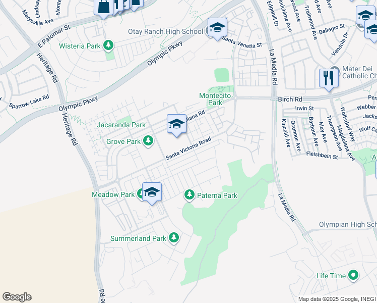 map of restaurants, bars, coffee shops, grocery stores, and more near 1390 Santa Victoria Road in Chula Vista