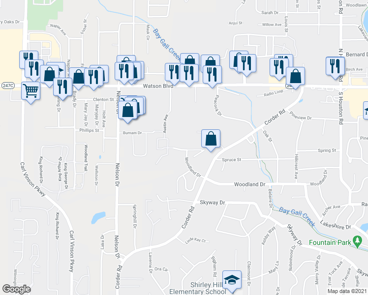 map of restaurants, bars, coffee shops, grocery stores, and more near 209 Millside Drive in Warner Robins