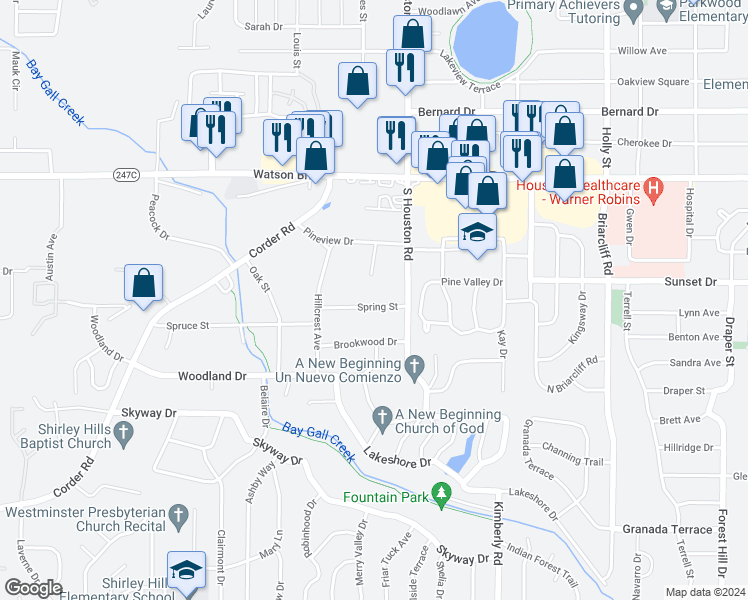 map of restaurants, bars, coffee shops, grocery stores, and more near 108 Spring Street in Warner Robins