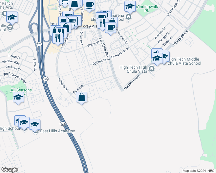 map of restaurants, bars, coffee shops, grocery stores, and more near 2395 Element Way in Chula Vista