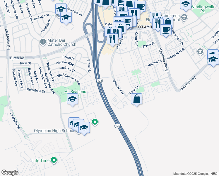 map of restaurants, bars, coffee shops, grocery stores, and more near 1902 Millenia Avenue in Chula Vista