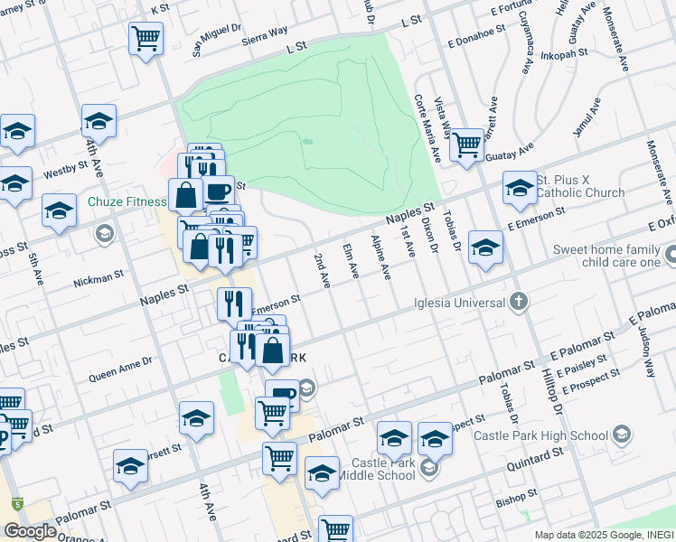 map of restaurants, bars, coffee shops, grocery stores, and more near 1111 2nd Avenue in Chula Vista