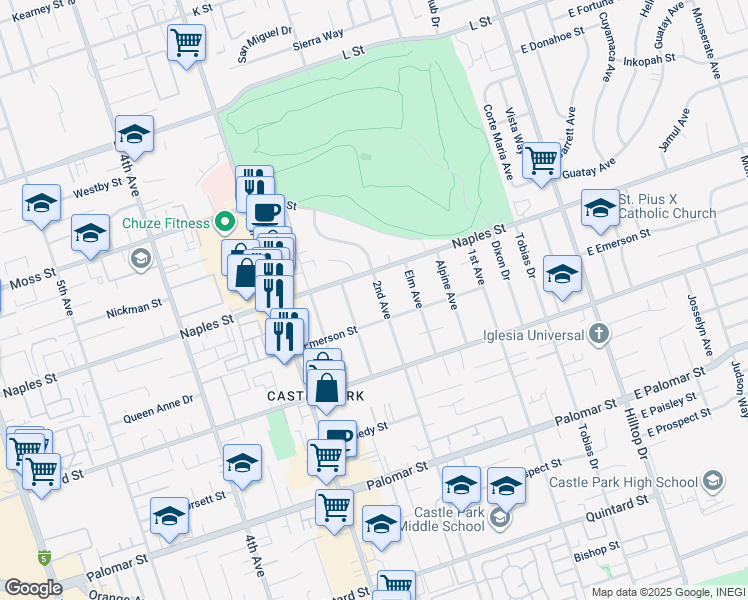 map of restaurants, bars, coffee shops, grocery stores, and more near 1111 2nd Avenue in Chula Vista