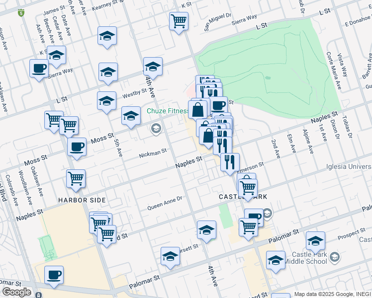 map of restaurants, bars, coffee shops, grocery stores, and more near 1067 4th Avenue in Chula Vista