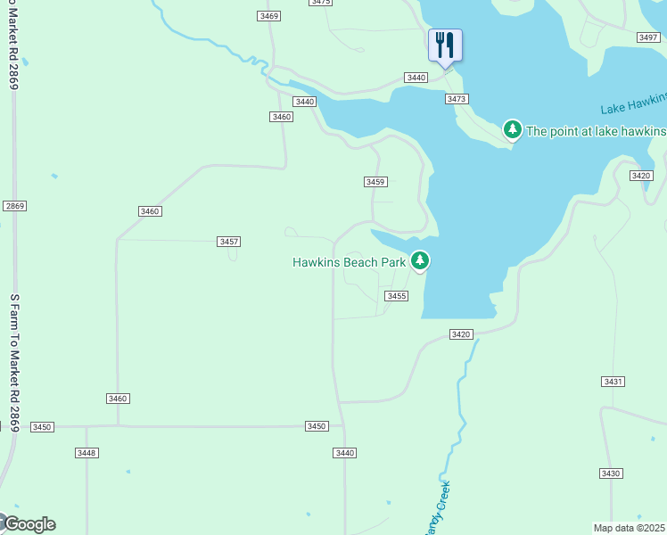 map of restaurants, bars, coffee shops, grocery stores, and more near 1083 County Road 3440 in Hawkins