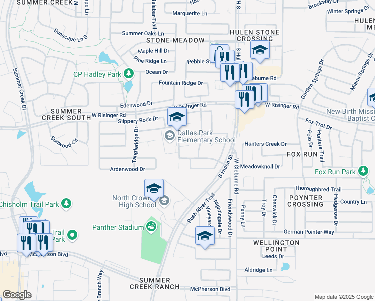 map of restaurants, bars, coffee shops, grocery stores, and more near 8736 Shavano Drive in Fort Worth