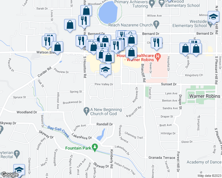 map of restaurants, bars, coffee shops, grocery stores, and more near 111 Pine Valley Drive in Warner Robins