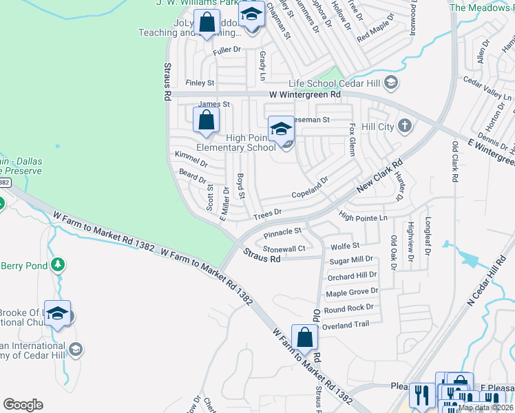 map of restaurants, bars, coffee shops, grocery stores, and more near 1326 Boyd Street in Cedar Hill