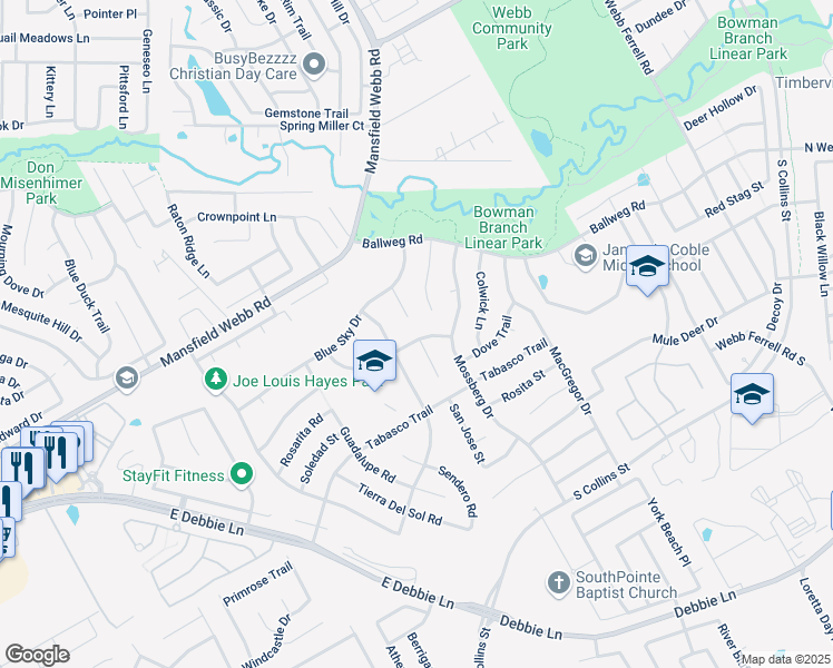 map of restaurants, bars, coffee shops, grocery stores, and more near 907 Dove Meadows Drive in Arlington