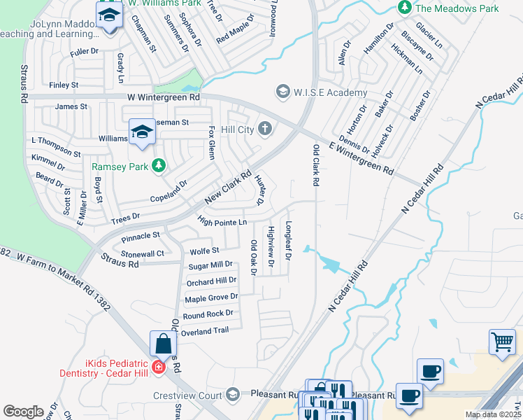 map of restaurants, bars, coffee shops, grocery stores, and more near 139 Hunter Drive in Cedar Hill