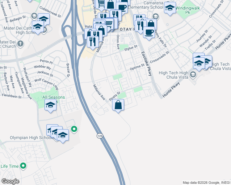 map of restaurants, bars, coffee shops, grocery stores, and more near 1953 Infinity Lane in Chula Vista
